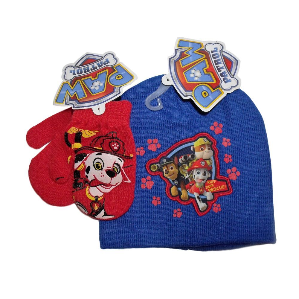 Paw Patrol Blue Boys Knit Beanie Warm Winter Hat Marshall Red Mittens NWT